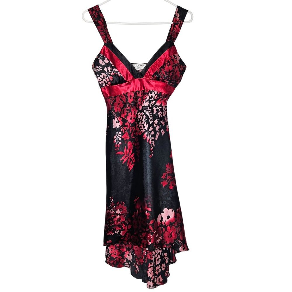 Vintage Y2K 90s La Belle Red Black Floral Satin Sleeveless Dress Flowy Hemline 5